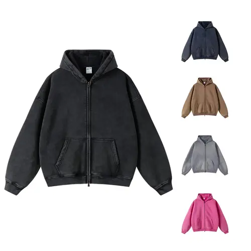Gihuo Mens Oversized Zip Up Hoodies Jackets Fleece Vintage Acid Wash Cotton Heavyweight Distressed Sweatshirt