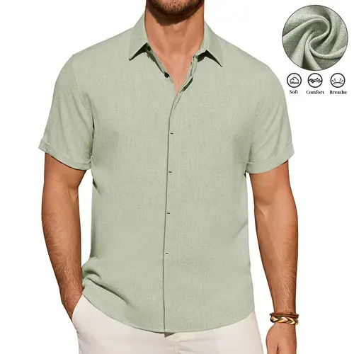 Alimen Mens Linen Shirts Short Sleeve Dress Shirts for Men Lightweight Breathable Linen Fabric Comfortable, Beach Vacation Summer Party Wedding Casual Button Down Shirts Spread Collar Linen Shirts for Men #FathersDayGift #DealsForYouDays