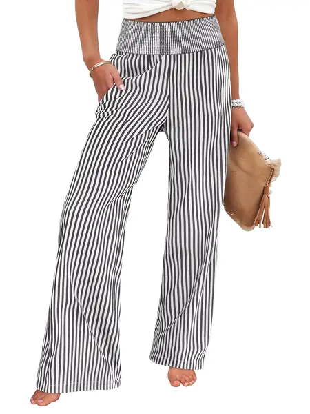 ANRABESS Womens Striped Gingham Palazzo Pants Lightweight Wide Leg High Waisted Lounge Pajama Pants Cute Casual Trousers with Pockets for Comfort