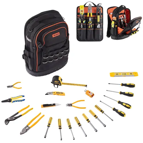VEVOR Heavy-Duty Tool Backpack 【without tools】, Tear-Proof PVC & Oxford Fabric Organizer, Padded Laptop Compartment, Molded Base, Top Handle, Hard Work Accessories for Electricians