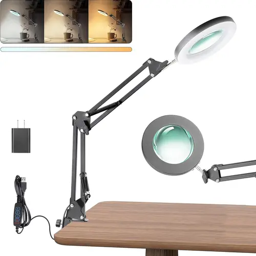 UBeesize 10X LED Lighted Magnifying Glass with 4.3" Glass Lens - Tool-Free Clamp Mount, Stand, Adjustable Brightness Hands-Free Desk Lamp, 5V/2A or Higher, Quick Setup for Craft Rooms, Seniors' Close Work