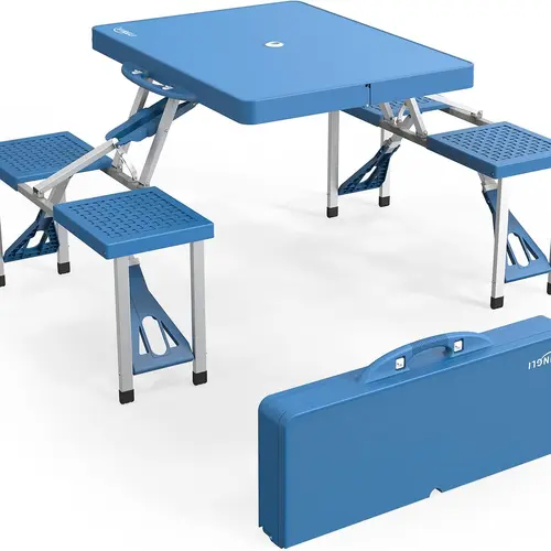 VINGLI 4 Ft Portable Foldable Outdoor Patio Furniture Picnic Dining Table - 3-4 People, Umbrella Hole, Lightweight Compact Aluminium Frame, MDF Top, 220 Lbs Support, 34*53*26 In, 66 Lbs, Quick Setup, Backyard/Fishing Use