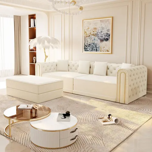 90.6in 3-in-1 Convertible Sleeper Sofa - Modern Velvet Upholstered Couch, 3-Seater with Button Tufting, Gold Edge Trim, Movable Ottoman for Living Room, Small Scale Indoor Furniture (Beige/White) | Modern Sofas Couches, Upholstered Sofa Couch