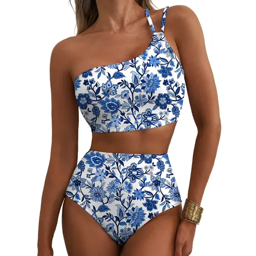 Aleumdr Women's High Waisted 2-Piece Bikini Set - Floral 1-Shoulder Stretch Top with Adjustable Straps, Tummy Control High Rise Bottoms, Chic Beach Fashion Swimsuit for SwimWeek, Water Activities, Floral Bikini Top