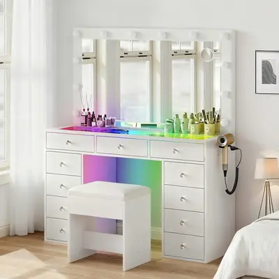 CollaredEagle White Makeup Vanity Desk Furniture - Stylish Full-Size Drawer-Equipped Adjustable Makeup Vanity with Power Socket, 11 Adjustable Lights, Mirror, 7 Drawers, 11 Compartments, Padded Stool for Bedroom, Walk-in Closet, Stylish Makeup Vanities