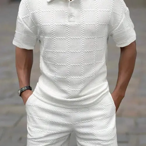 Men's 2-Piece Knitted Athletic Outfits - Casual Easy Style Jacquard V-Neck Short Sleeve Polo Shirt, Loose-Fit Breathable Fabric Shorts, Summer Clothes for Sports Days & Hangouts, XL
