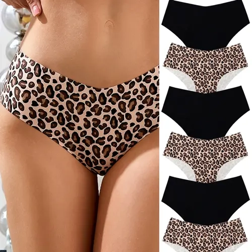 Women's Seamless Breathable Leopard Print Underwear Set, Soft Comfortable Casual Innerwear, Lingerie, 6-Pack Plain Pattern, All Seasons, Fitted Underwear