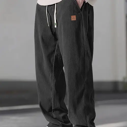 Men’s Autumn Textured Corduroy Casual Pants - 100% Polyester Thin Woven Fabric, Lightweight, Loose Fit Style, Drawstring Straight-Leg Long Pants, Male Clothing