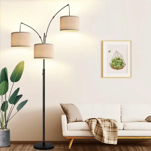 Hoodink Dimmable 3-Light Arc Floor Lamp - 1000LM 1950s Style Adjustable 3x6W LED Bulb Lamp with Beige Bases & Shades, Heavy Base, for Living Room, Led Lights Bedroom, Chic Home Decor, Apartment Stuff