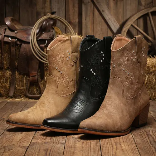 IUV Cowgirl Boots for Women Ankle Cowgirl Boots with  Almond Pointed Toe Classic Western  Boots Women Chunky Heel  Country Boots  for Comfortable Walking Shoes Classic Booties