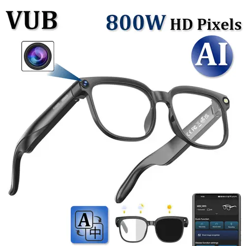 VUB Wearable Smart Glasses - Oval Casual Slim Design, Lightweight for Long Wear & Cycling, 8MP Integrated Camera, 4000p Video Recording, Photochromic Auto Lens Adjustment, Voice Control, Wireless Connectivity