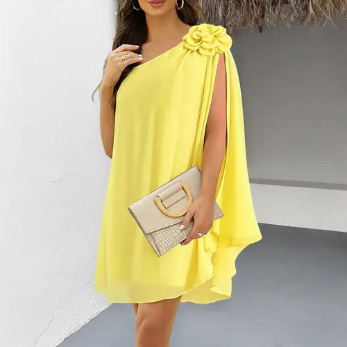 CHICME Women's One Shoulder Sleeveless 3D Flower Decor Mini Dress/Graduation Dress/Summer Dress – Perfect for Wedding & Wedding Guest Casual A Line Vacation Dress Elegant Summer, Womens Dresses, Casual Dresses