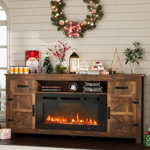 Aoxun Fireplace TV Stand with Barn Door and Storage Cabinets, Farmhouse Entertainment Center, White & Brown, 70-Inch Console for TVs up to 80 Inches