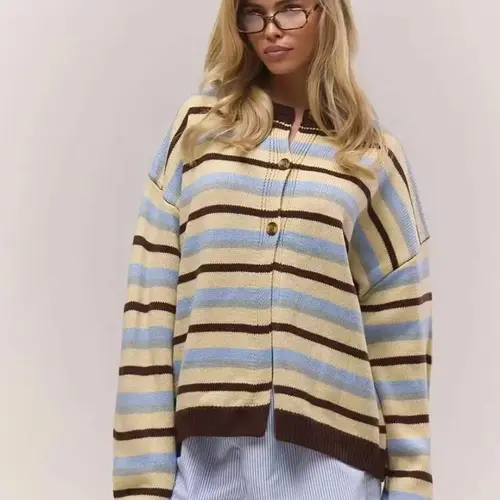 【Black Friday】Women's Vintage Multicolor Striped Knit Cardigan, Elegant Loose-Fit Button-Front Crew Neck Design for Fall & Winter, and Versatile Casual Wear