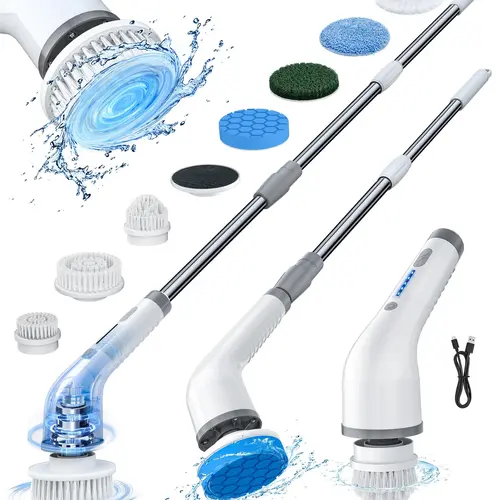 Cordless Plastic Electric Spin Scrubber Cleaning Tool - 8-in1 Set, IPX7 Waterproof, Extendable Adjustable Handle, 2 Speed Control, 100-Minute Rechargeable Battery, Grime-Tough Mode, Gentle/Strong Deep Clean for Bathrooms, Showers, Kitchens, Home Sink