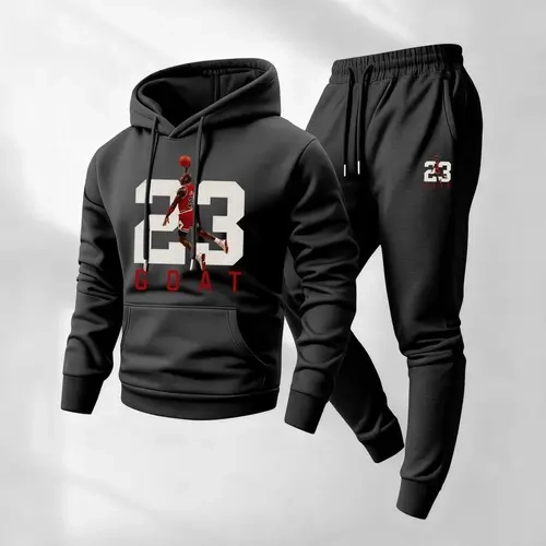 KZZ Men's 2-Piece Goat 23 Style Hooded Sweatshirt & Drawstring Joggers Set, Longsleeves Casual Sports Attire with Match-Set Ease for Indoor/Outdoor Use, Minimalist Leisure Wear
