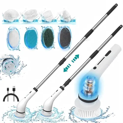 Cordless Rechargeable Spin Scrubber - IPX7 Waterproof Electric Cleaning Gadget, USB Charging, Adjustable Speed, Long Battery Life, Extendable Handle, Tight-Corner Brush Heads, Multi-Surface Deep Cleaning House Supplies for Renters/Movers Household Items