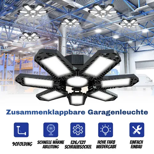 Qawtor FOLDABLE GARAGE LIGHT 600W Deformable Bright Shop Ceiling Bulb Lamps E26/E27 6500k Barn Warehouse Garage Foldable 7+1 Panel Work Light Super Bright Illumination Easy Installation