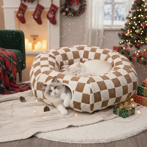 SmartWell 2-In-1 Large Donut Round Plush Cat Tunnel Bed - Checkerboard Design, Detachable Center Cushion, Machine Washable, Cozy Warm, Built-In Toy Ball, Play & Rest, Extra Entertainment, Room for Everyone, Pet Furniture