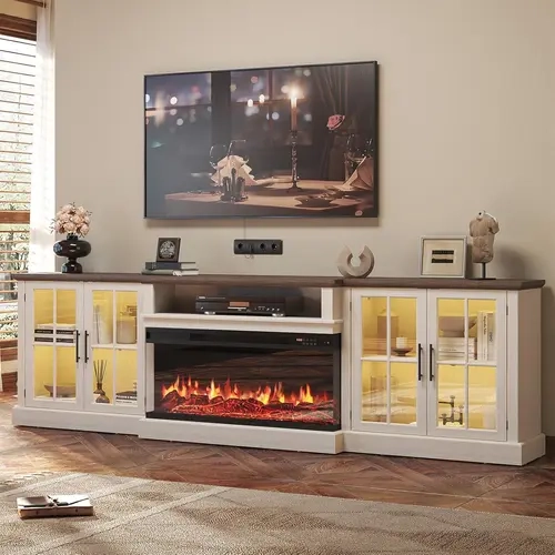 Aoxun Farmhouse Wood TV Stand - 98in Waterproof Space-Saving Furniture for Living Room, 36in Fireplace Media Center for Up to 100in Screens, Adjustable Shelves, Large Storage, White & Black, Assembly Required, Ships in 3 Boxes