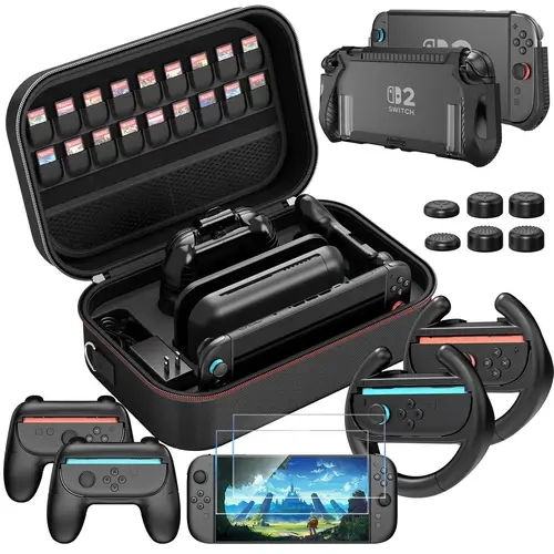Slim Silicone-Lined TPU Hard Shell Bundle Accessories for 2025 Switch 2 Handheld - Durable, Sturdy, Scratch-Resist, Full-Protection Set, Dock-Ready, 18 Game Cards Ready, Thumb Sleeves, Joycon Wheels, Grips, Mesh Grip Pocket, Christmas Gift Option
