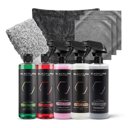 BLACKLINE Ultimate Exterior Automobile Cleaner 1 Kit - Complete Car Detailing Tools System with Microfiber Towels, Wash Mitt, Complete Exterior Finish, Instant Shine and Slickness, Restores Gloss, Depth, Protection, Revives Faded Trim, Tires