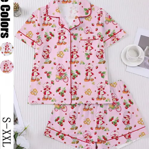 Women's Strawberry Cartoon Print Sleepwear Loungewear Pajama Set, Short Sleeve Button-Up Top & Elastic Shorts, Casual Home Wear for Daily Use
