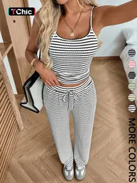 Women's Casual Striped Halter Top and Elastic Long Pants Set, Summer Vacation, 2 Piece Set, Stylish and Comfortable, Fashion