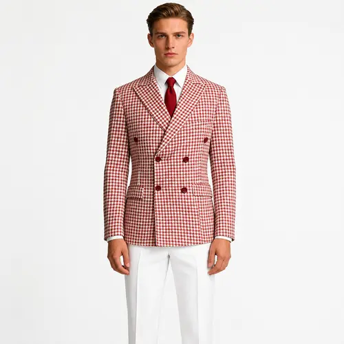 Houndstooth Suit Jacket - Double-Breasted Loose-Fit Blazer for Men, Retro Vintage Plaid, Black & White / Cherry Red / Bright Colors, Casual Work Party Everyday Style, Chic loose fit for easy movement