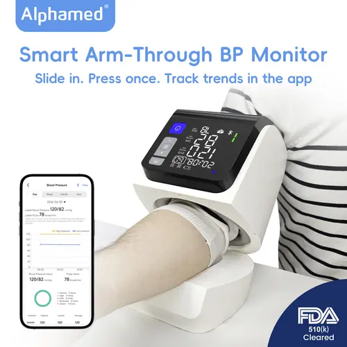 Alphamed Unisex Upper Arm BP Monitor + App - Large Cuff Health Monitor for Home Blood Pressure Monitoring, Bluetooth, Extra-Large Display, Color-Coded Alert, 1-Touch Operation, 3-User Memory, Battery, Convenient App Tracking, 30-Day Free Returns, Gift
