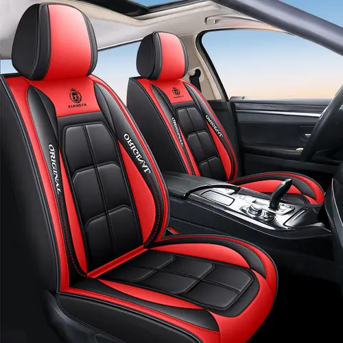 XIANGTA Luxury Leather 5-Seater Car Seat Covers, Universal Safety Airbag Interface, Waterproof Easy-Clean Interior Replacement, Full-Set Black for Trucks, Black-Blue Stitched Cushions with Red Stitching Decor, Car Seats Cover