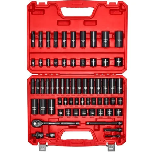 VEVOR 64-Piece 3/8 in Drive Impact Socket Set, Cr-V Steel 6pt Bolt Grip Deep/Shallow Inches/mm Sizes, High-Torque Car Repair Tools with 3 in & 6 in Extensions, Universal Wrench Extension, Ratchet Handle, Laser Marks, Carrying Case