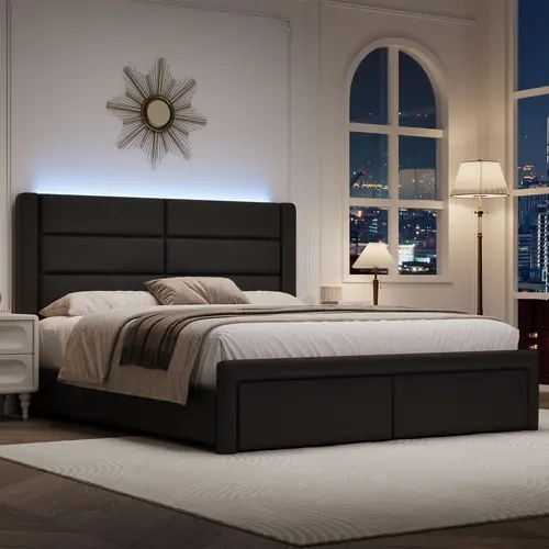 HOMBCK Upholstered Divan Bed Frame (Queen/Full Size) - Backlit Color Changing LED Lights, Modern Faux Leather, 2" Sponge Headrest, Steel + Wood Slats Support, Heavy Duty Mattress Foundation, No Box Spring Needed, Easy Assembly #SohoChic#Homemakeover, Bed