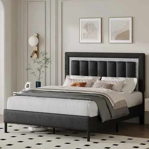HOMBCK Full Size Faux Leather Upholstered Bed Frame with Headboard - Diamond Stripe Design, Wooden Slats Support, Silent Mattress Cradled Foundation, No Box Spring Needed, Durable Modern Princess Bed, 1 Assembly Required, Ideal for Bedroom Decor