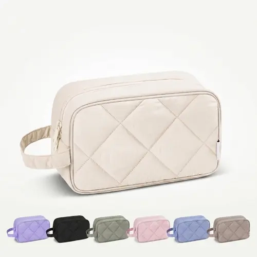 Narwey Thick Padded Nylon Blend Travel Cosmetic Makeup Bag - Basic, Double Zipper, Multi-Compartment Organizer, Side Handle, 9.8"x3.9"x5.9"/25x10x15cm, Water-Resistant, Light Packing, Beauty On The Go, Great Present Idea for Teachers, Female Friends