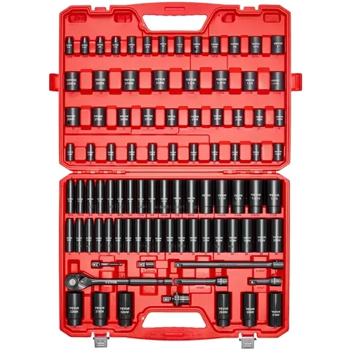 VEVOR 1/2 in Drive Socket Wrench Set, 91-Piece 6pt Secure Bite Deep & Shallow Sockets (SAE 5/16-1-1/4 in, Metric 8-32 mm) with Adapter, 3.510 in Extension Bars, Cr-V Steel Hex Shank, Laser Marks, Carrying Case - High Torque Car Repair Tools for Mechanics