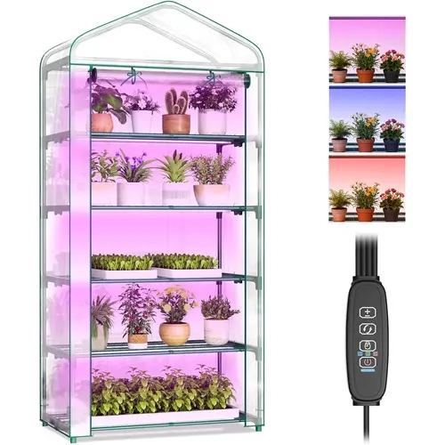 ABORON 5-Tier Indoor Metal Rectangle Greenhouse Kit (35"l x 19"w x 75"h) with 36W Sunlike Light, Zippered PVC Tent, Tray Storage, Pot Compatibility, Tool-Free Assembly, Ventilation, Weather Resistance for Plant Corner, Grow from Seed, Homegrown Food