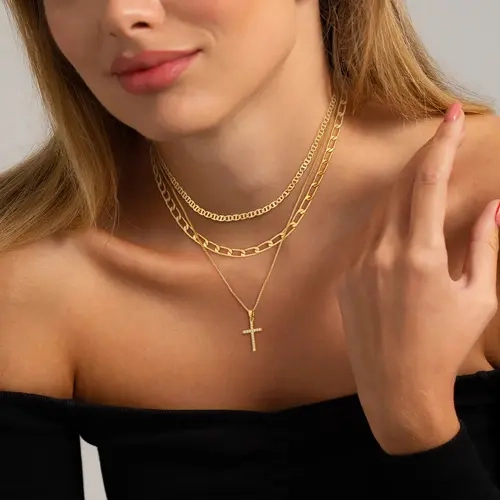 Pancert Women's 3PCS Gold-Toned Stackable Layered Cross Necklace Set - 14K Gold Plated Hypoallergenic Metal, Flat Mariner-Paperclip Chains, CZ Accent Classic Cross Pendant, Ideal for Female & Women Who Love Layered Necklaces, Elegant Daily Jewelry Gift