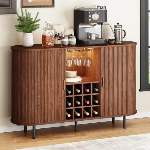 【Black Friday】ONBRILL 55" Wine Bar Cabinet with Storage, Fluted Liquor Bar for Home, Coffee Bar Cabinet with Wine Rack and Glass Holder, Buffet Sideboard with LED Lights for Kitchen Living Dining Room