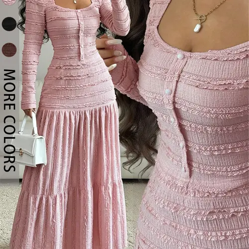 Women's Chic & Elegant Long Sleeve Square Neck Dress, Ladies' Sweet Stylish Formal Evening Wear, Perfect for Valentine's Day and Other Special Occasions, Date Night Dresses, Womenswear