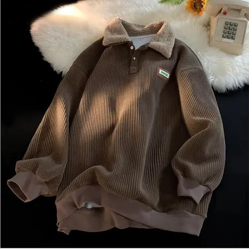 Corduroy Polo Collar Sweater Couple Loose autumn and winter style Vintage streetwear vacation Winter outfits Fit Top For Outerwear Classic clothing Christmas gift Machine Washable Long Sleeve Sweatshirt Casual Basic Fashion Beige