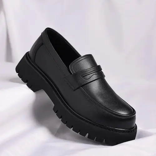 Men's Classic Leather Penny Loafers - Chunky Platform Slip-Ons with Round Toe, Lug Sole, Walking Shoes for Business Casual, Formal Work & Daily Wear