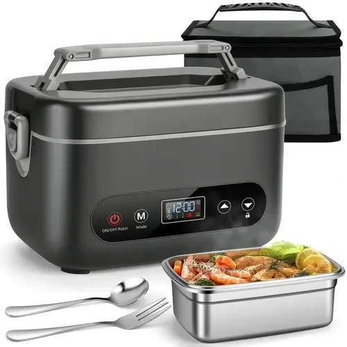 Cordless Heated Lunch Box Warmer, 1.2L Silicone & Steel Insulated Container, 12000mAh Rechargeable, Leakproof, 5-Sided Heating, Auto Temp Control, BPA-Free, Portable Meal Prep Tableware with Fork & Lid for Lunch at Work, Drivers