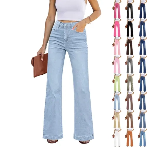 GRAPENT Women's 70s-Inspired Flared Wide Leg Jeans, High-Waisted Fitted Stretchy Cotton-Polyester Trousers with 4-Pocket Carry, Flared Fashion Denim Bottoms for Back to School First Day Outfits