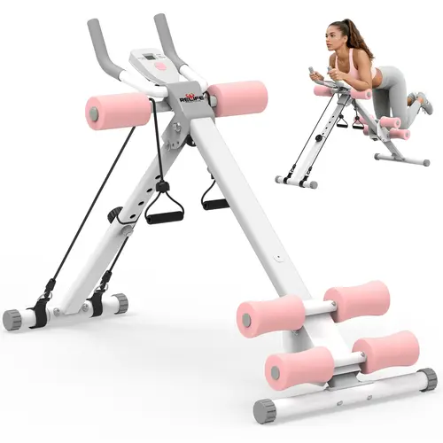 RELIFE Core Ab Trainer - Pink Foldable Stomach Workout Equipment, Alloy Steel Sit Up Trainer, 2 Incline Levels, Silent Wheels, LCD Monitor, Home Gym Exercise Gear