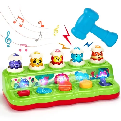 Hahaland Unisex Musical Light Up Pop-Up Toy for 12-18 Months - ABS Plastic, Portable Handle, Pounding Animal Eggs, Bonus Cute Hammer, 5 Surprise Animals, 3 Play Modes, Volume Control, Montessori Developmental Cause and Effect Toy, Baby Shower Gift Idea