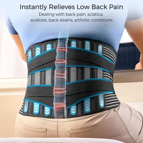 UGEM Unisex Adjustable Compression Waist Belt - Strong 6 Memory-Aluminum Stays, 16-Hole Breathable Mesh Fabric, Anti-Skid, Custom Fit, Steel Springs, Herniated Disc Lower Back Pain Relief, Work Wear Protective Gear, Adjustable Compression Belt
