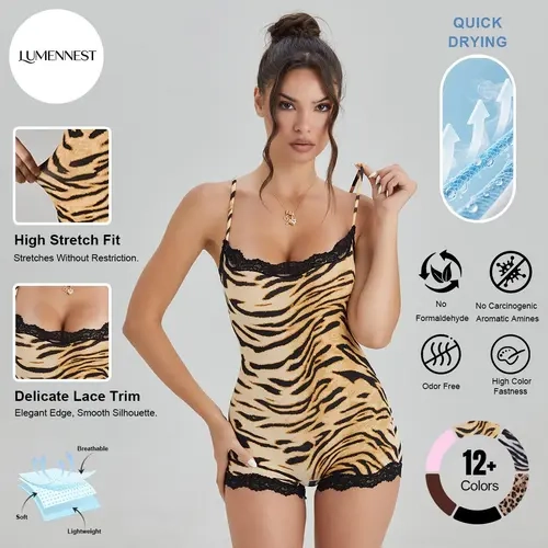 LUMENNEST (US/CN) Women's Abstract Tiger Animal Print Thin-Strap Lace Trim Soft Nylon Shapewear Playsuit - Basic Underwear for Women, Sleeveless Stretch Compression, Breathable Minimalist Curvy-Fit Sport Wear
