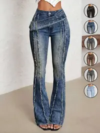 Women's Low Waist, Low Rise Design Bell-Bottom Jeans With Big Sun Logo Button And Eyelets Big Belt, Dark Wash Bootcut Jeans, Aesthetic Comfortable Stretch Denim Jeans