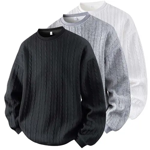 Men's Crewneck Jacquard Cable Knit Longsleeves Sweatshirt - Knitwear, Menswear, Loose Fit, Solid Color, High-Quality Casual Base Shirt, Plus Size, Home-Wear Textured Knit Menswear Top